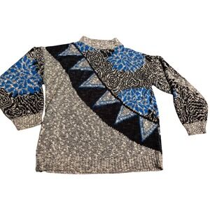Adele Knitwear Sweater Vintage 80s Geometric Floral Blue Black Grey Mock Neck L